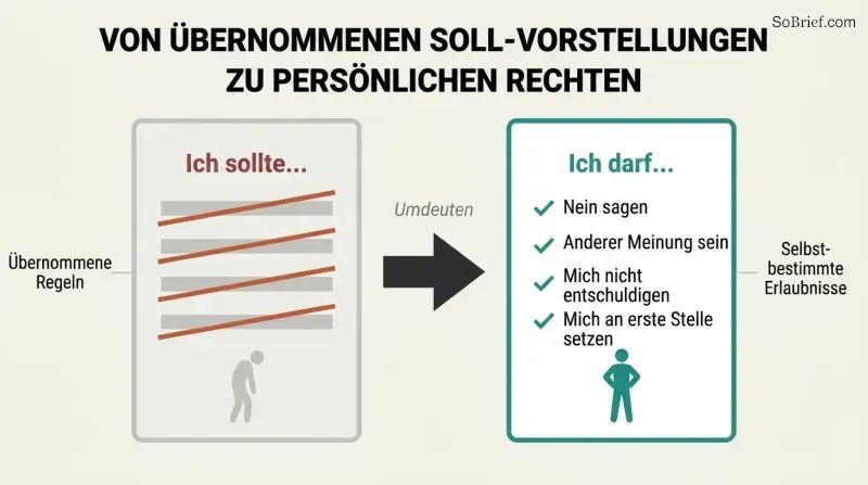 Transformation showing a faded document of crossed-out "should" rules on the left becoming a bold personal Bill of Rights with permission statements on the right.