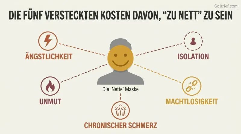 A central smiling-mask figure with five radiating spokes connecting to icons representing anxiety, resentment, pain, powerlessness, and isolation.