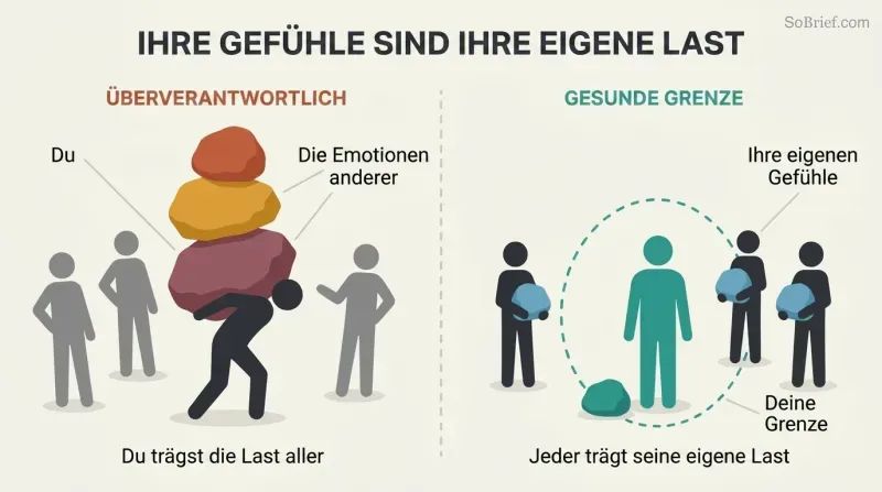 Split panel comparing a burdened figure carrying others' emotional weight on the left with three separate figures each carrying their own small weight on the right, divided by a boundary line.