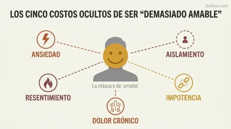 A central smiling-mask figure with five radiating spokes connecting to icons representing anxiety, resentment, pain, powerlessness, and isolation.
