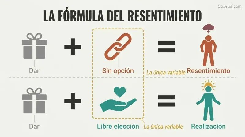 Two parallel equations showing giving plus no choice equals resentment, while giving plus free choice equals fulfillment.