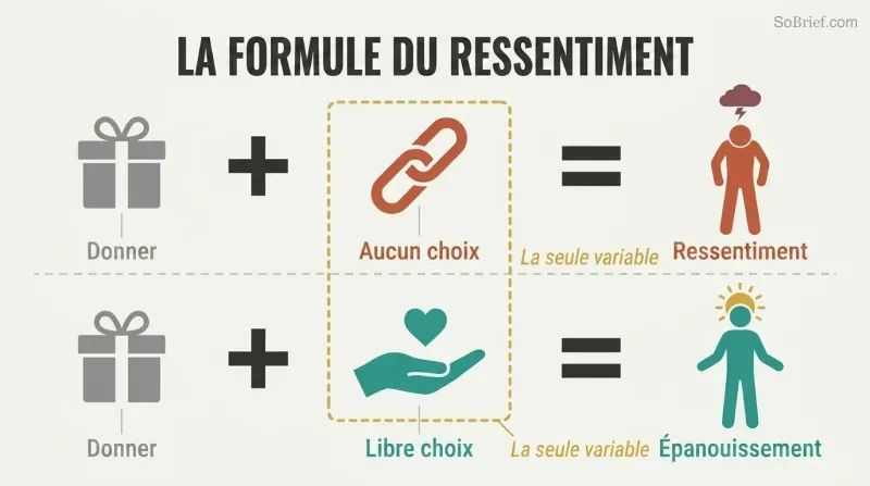 Two parallel equations showing giving plus no choice equals resentment, while giving plus free choice equals fulfillment.