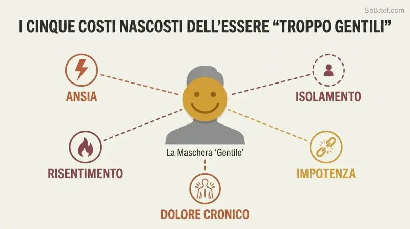 A central smiling-mask figure with five radiating spokes connecting to icons representing anxiety, resentment, pain, powerlessness, and isolation.