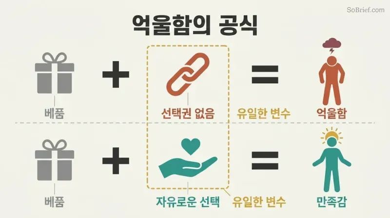 Two parallel equations showing giving plus no choice equals resentment, while giving plus free choice equals fulfillment.