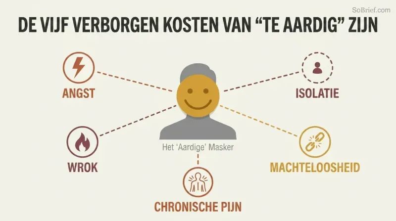 A central smiling-mask figure with five radiating spokes connecting to icons representing anxiety, resentment, pain, powerlessness, and isolation.