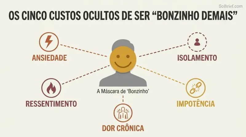 A central smiling-mask figure with five radiating spokes connecting to icons representing anxiety, resentment, pain, powerlessness, and isolation.