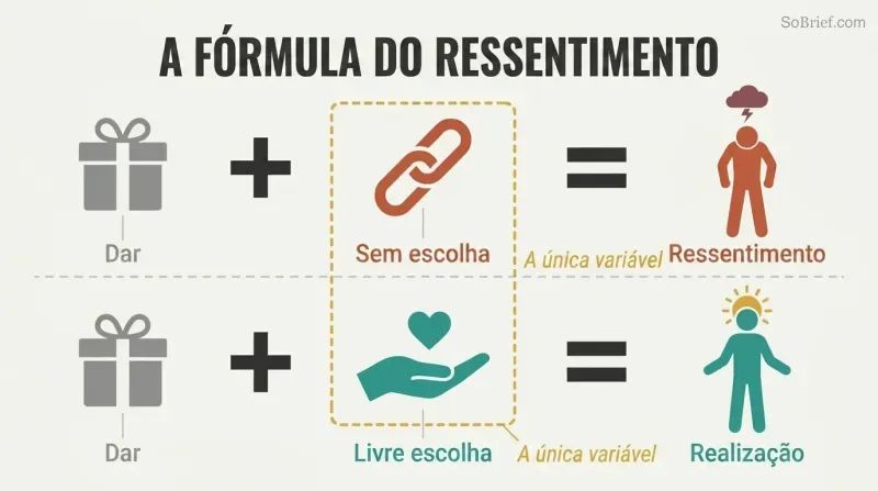 Two parallel equations showing giving plus no choice equals resentment, while giving plus free choice equals fulfillment.