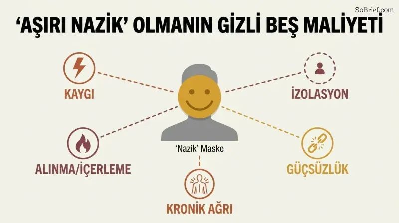 A central smiling-mask figure with five radiating spokes connecting to icons representing anxiety, resentment, pain, powerlessness, and isolation.