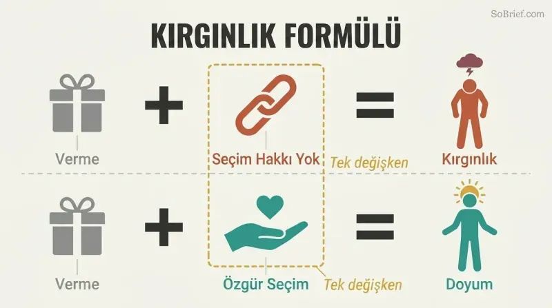 Two parallel equations showing giving plus no choice equals resentment, while giving plus free choice equals fulfillment.