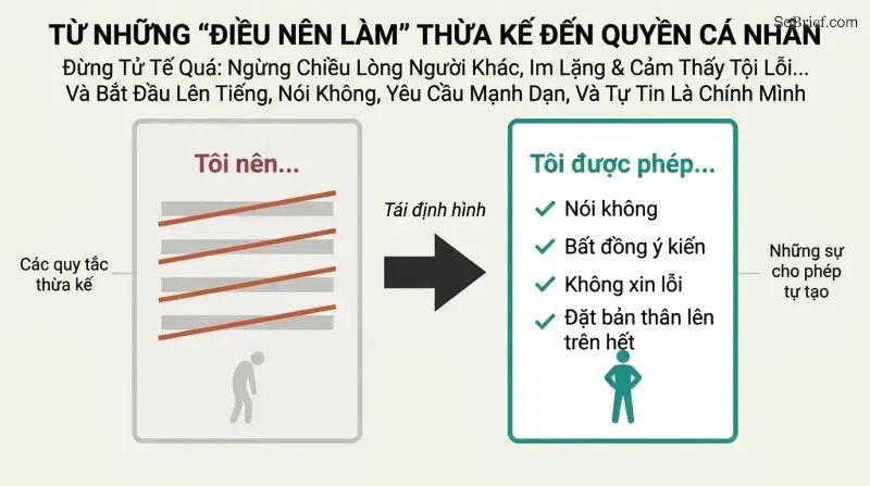 Transformation showing a faded document of crossed-out "should" rules on the left becoming a bold personal Bill of Rights with permission statements on the right.