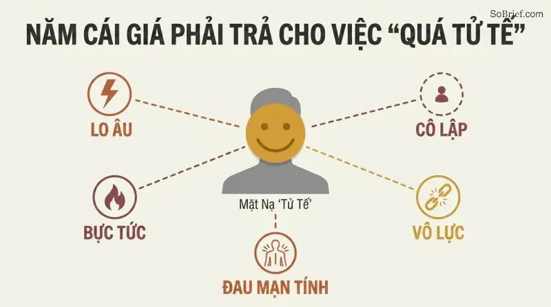 A central smiling-mask figure with five radiating spokes connecting to icons representing anxiety, resentment, pain, powerlessness, and isolation.