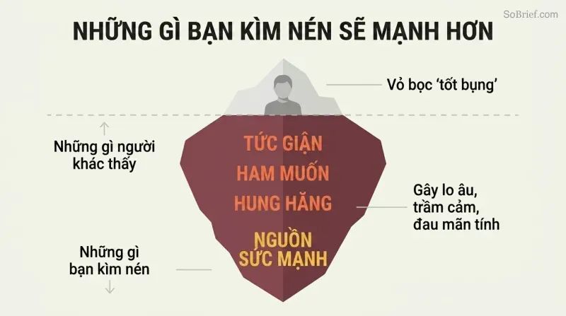 Iceberg diagram with a small "nice" persona visible above a waterline and a massive shadow shape below containing repressed anger, desire, and power.