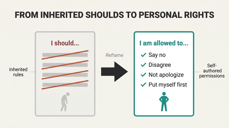 Transformation showing a faded document of crossed-out "should" rules on the left becoming a bold personal Bill of Rights with permission statements on the right.