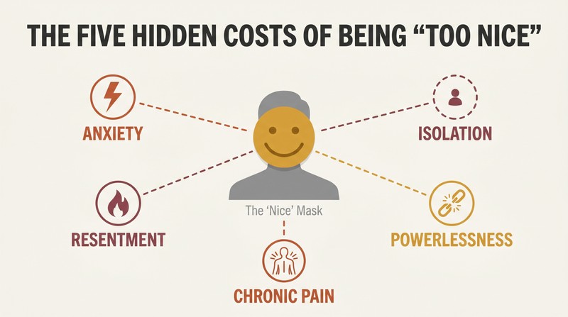 A central smiling-mask figure with five radiating spokes connecting to icons representing anxiety, resentment, pain, powerlessness, and isolation.