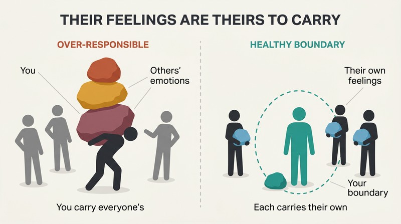 Split panel comparing a burdened figure carrying others' emotional weight on the left with three separate figures each carrying their own small weight on the right, divided by a boundary line.