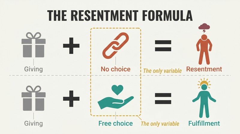 Two parallel equations showing giving plus no choice equals resentment, while giving plus free choice equals fulfillment.