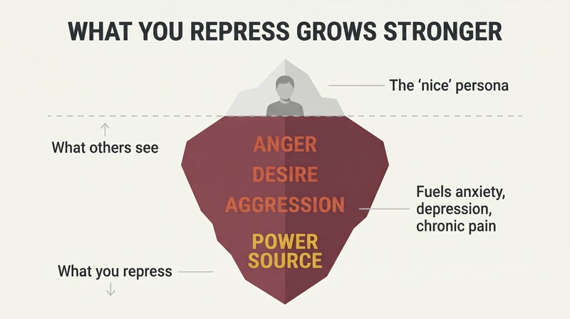 Iceberg diagram with a small "nice" persona visible above a waterline and a massive shadow shape below containing repressed anger, desire, and power.