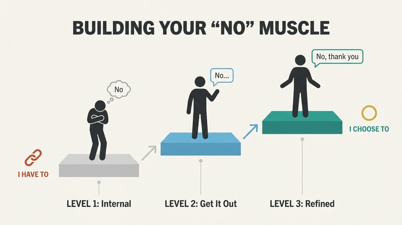Three ascending steps showing the progression from internal recognition to spoken refusal to refined communication, moving from feeling trapped to feeling free.