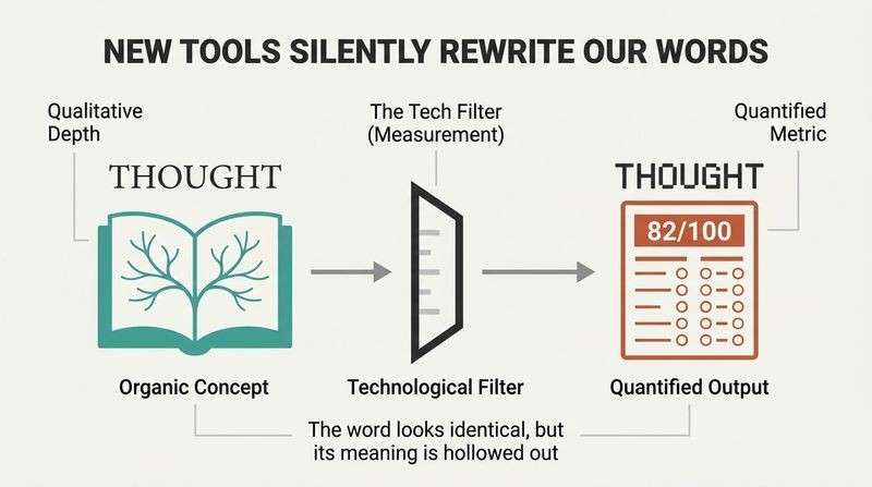 A horizontal flow diagram showing the word "THOUGHT" entering a technological prism as a rich, organic concept and emerging on the other side as a cold, numerical test score.