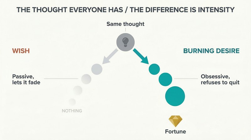 Fork diagram showing how the same initial thought either fades as a passive wish or intensifies as a burning desire into fortune.