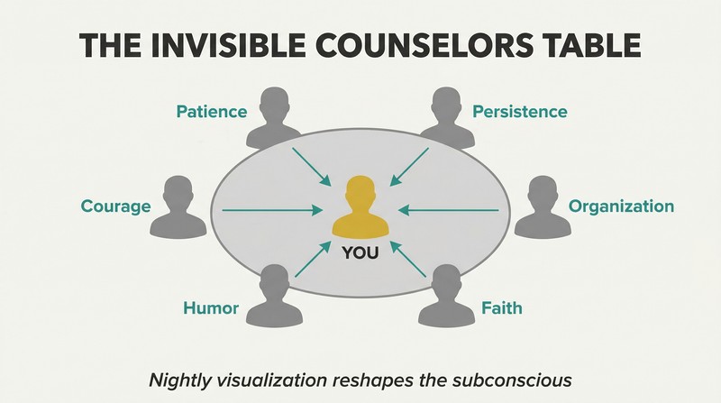 Hub-spoke diagram showing a central figure at a round table surrounded by silhouette counselors, with trait words flowing inward toward the center.