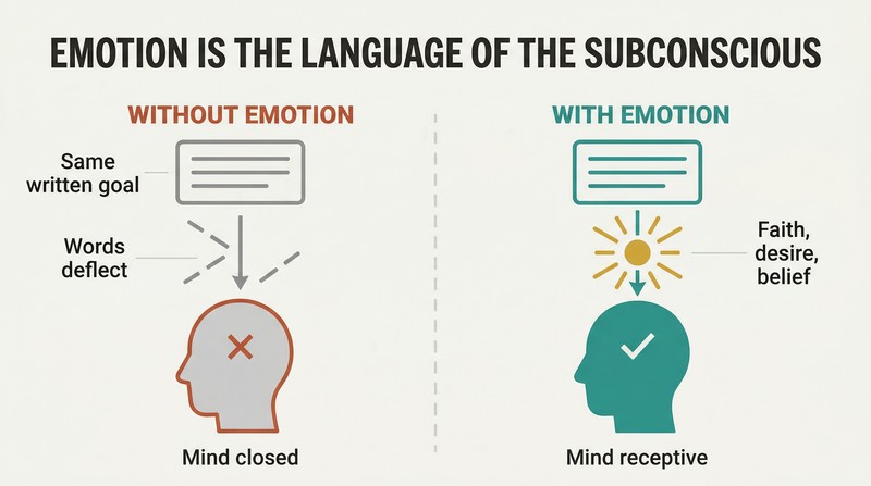 Split panel comparing cold repetition of a goal statement bouncing off a closed mind versus emotionally charged reading penetrating deep into the subconscious.