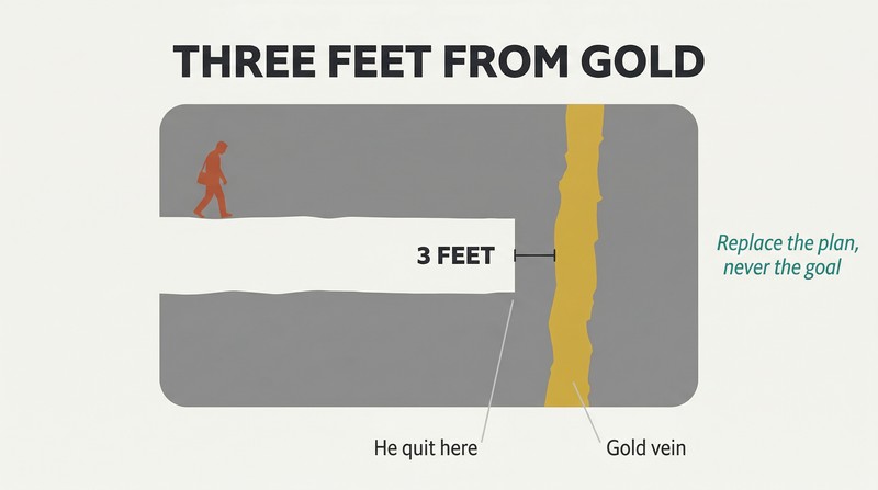 Cross-section of a mine showing a long tunnel stopping just three feet short of a gold vein, with a figure walking away from the entrance.