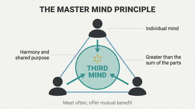 Three small silhouette figures connected by lines form a triangle around a large central teal circle representing the emergent collective mind greater than any individual.