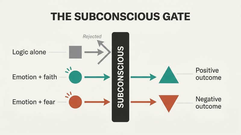 A vertical membrane representing the subconscious blocks a logic arrow while letting emotion-charged faith and fear arrows pass through to opposite outcomes.