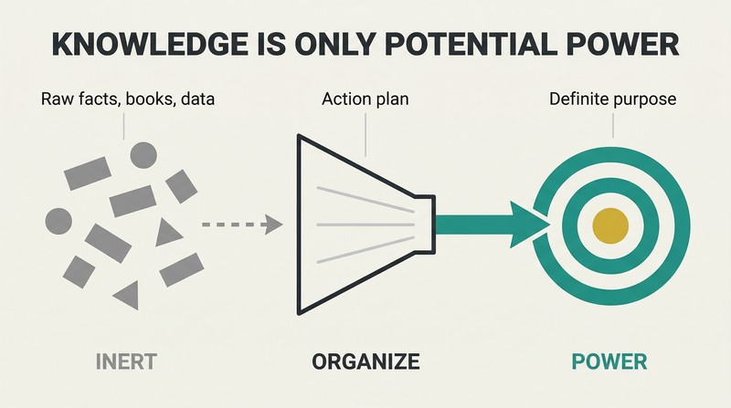 Three-stage transformation showing scattered gray information fragments funneled into a structured plan that becomes a focused teal arrow aimed at a definite purpose target.
