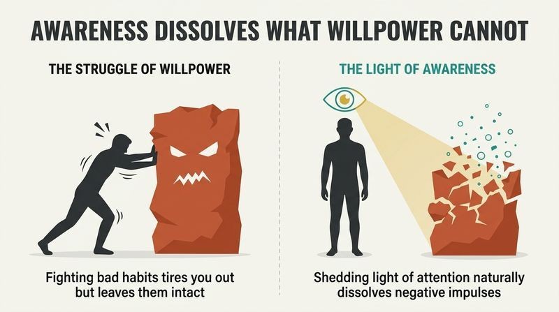 A split-panel diagram showing a person exhausting themselves fighting a dark impulse with willpower on the left, compared to a calm person whose light of attention dissolves the impulse on the right.