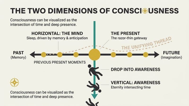A geometric cross diagram illustrating the horizontal axis of time and mind intersecting with the vertical axis of deep present-moment awareness.