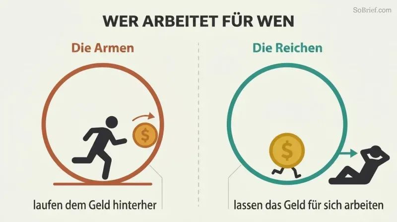 Two mirrored panels contrast a person running on a wheel chasing money against a relaxed person whose money runs the wheel for them.