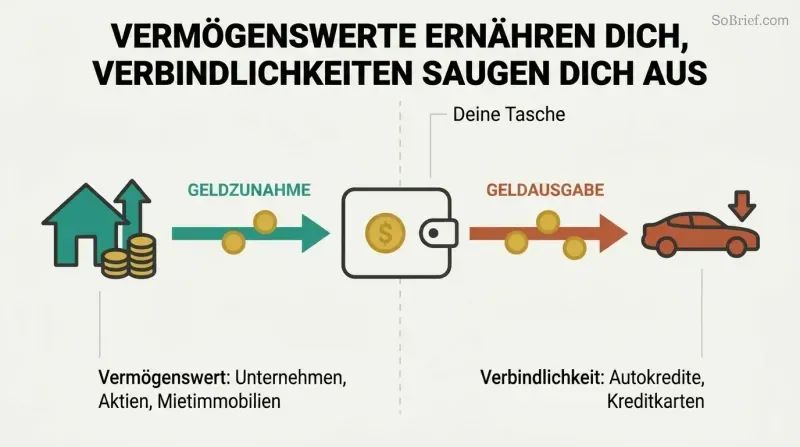 A mirrored split panel showing an asset pouring money into a wallet while a liability drains money out of it.