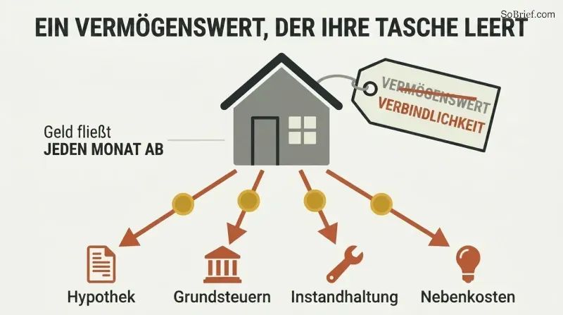 A house with its "asset" label crossed out and corrected to "liability," with money draining downward into four monthly expenses.