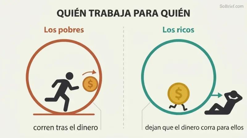 Two mirrored panels contrast a person running on a wheel chasing money against a relaxed person whose money runs the wheel for them.