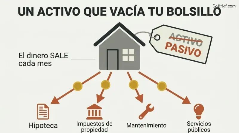 A house with its "asset" label crossed out and corrected to "liability," with money draining downward into four monthly expenses.