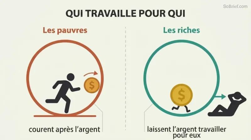 Two mirrored panels contrast a person running on a wheel chasing money against a relaxed person whose money runs the wheel for them.