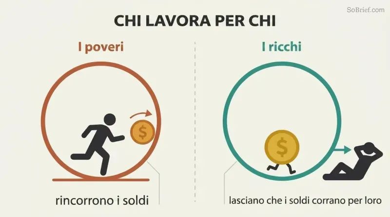 Two mirrored panels contrast a person running on a wheel chasing money against a relaxed person whose money runs the wheel for them.