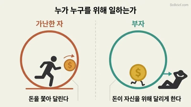 Two mirrored panels contrast a person running on a wheel chasing money against a relaxed person whose money runs the wheel for them.