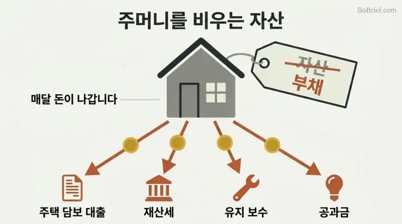 A house with its "asset" label crossed out and corrected to "liability," with money draining downward into four monthly expenses.