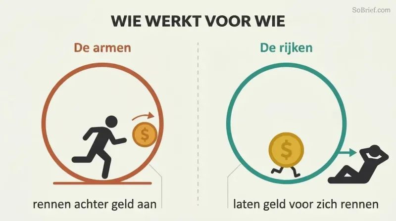 Two mirrored panels contrast a person running on a wheel chasing money against a relaxed person whose money runs the wheel for them.