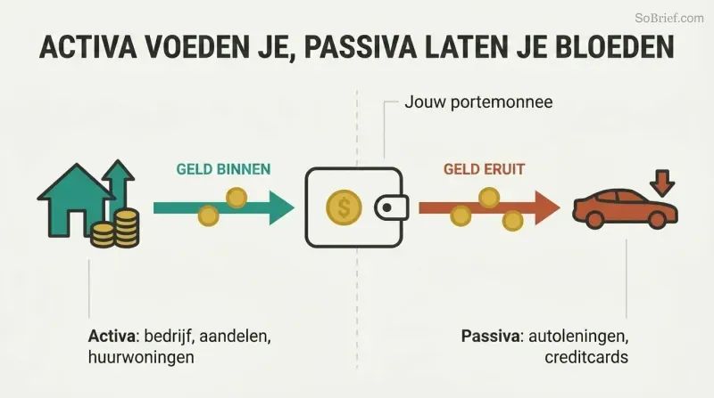 A mirrored split panel showing an asset pouring money into a wallet while a liability drains money out of it.