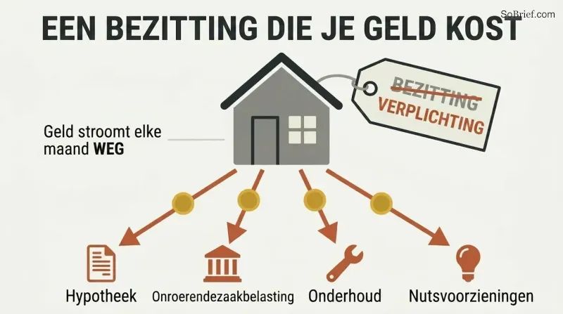 A house with its "asset" label crossed out and corrected to "liability," with money draining downward into four monthly expenses.