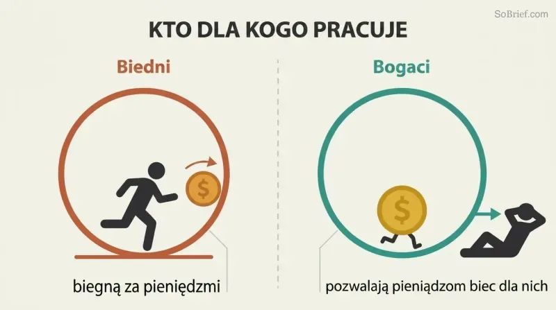 Two mirrored panels contrast a person running on a wheel chasing money against a relaxed person whose money runs the wheel for them.
