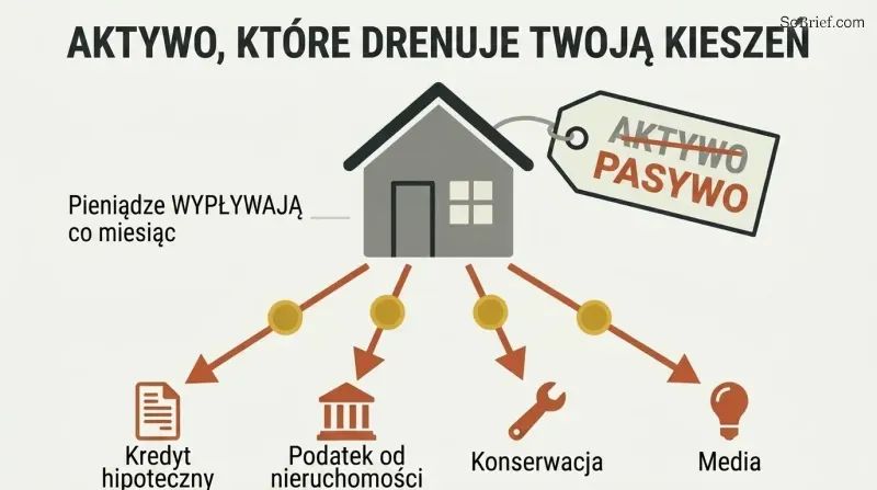 A house with its "asset" label crossed out and corrected to "liability," with money draining downward into four monthly expenses.