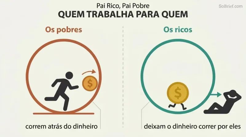 Two mirrored panels contrast a person running on a wheel chasing money against a relaxed person whose money runs the wheel for them.