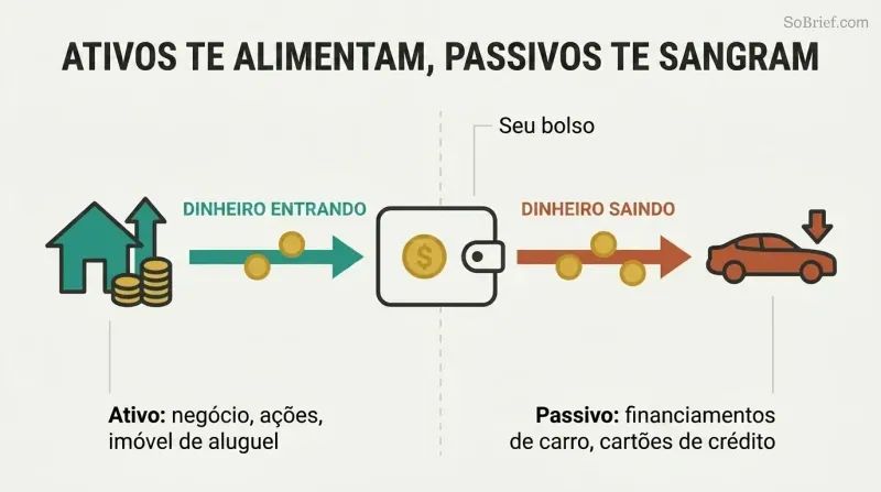A mirrored split panel showing an asset pouring money into a wallet while a liability drains money out of it.