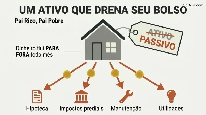 A house with its "asset" label crossed out and corrected to "liability," with money draining downward into four monthly expenses.