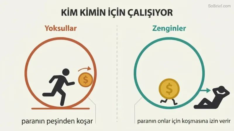 Two mirrored panels contrast a person running on a wheel chasing money against a relaxed person whose money runs the wheel for them.